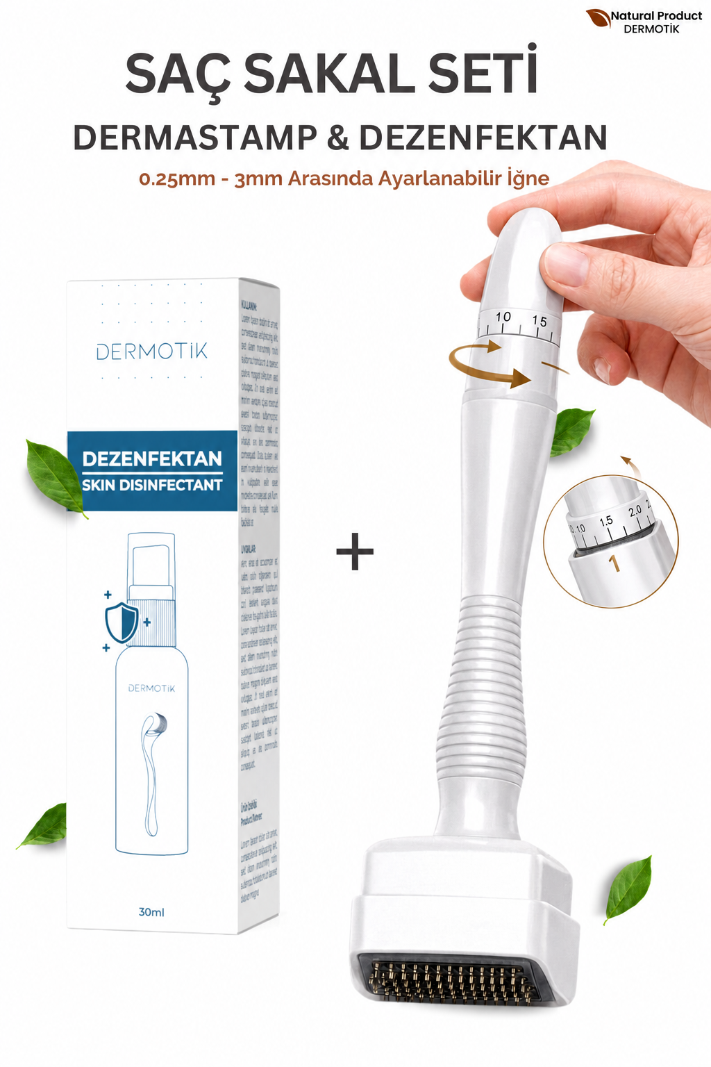 Ayarlanabilir Dermastamp Titanyum Uçlu 0.25-3mm & Dezenfektan Seti