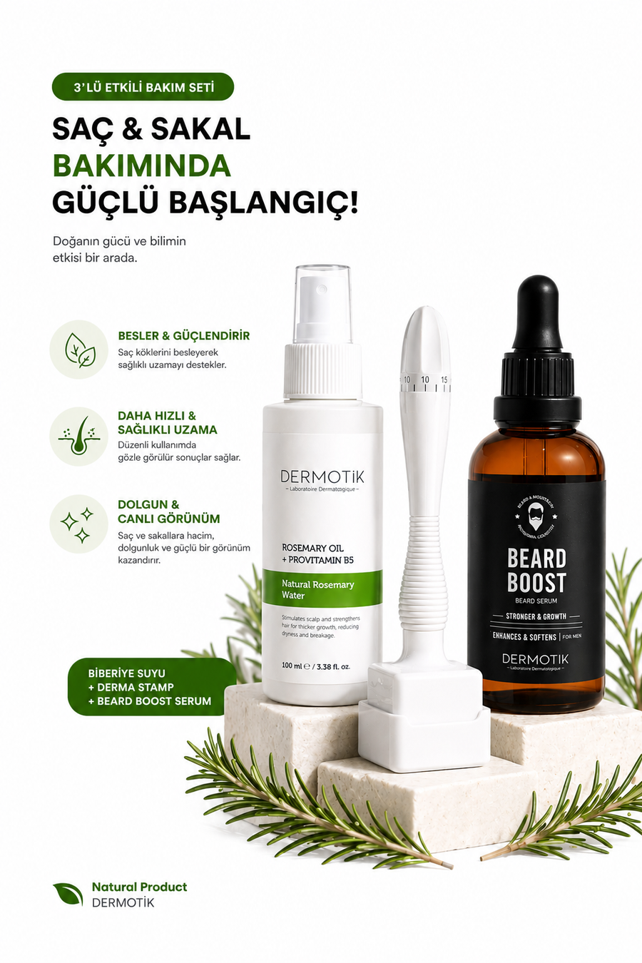 Dermastamp Saç Sakal Seti – Seyrek Görünüm Karşıtı Biberiye Suyu & Serum Destekli