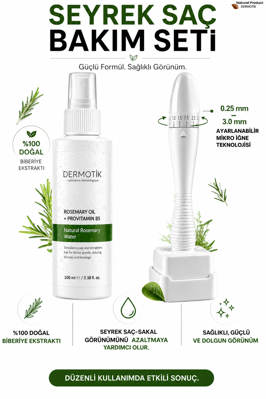 Saç Oluşumuna Yardımcı Biberiye Suyu ve Ayarlanabilir Dermastamp Seti 100 ml
