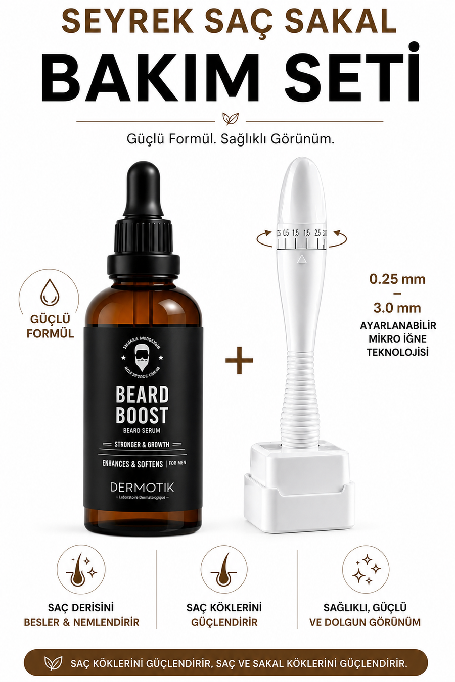 Saç Sakal Oluşumuna Yardımcı Serum Seti – Ayarlanabilir Dermastamp Titanyum Uçlu 0.25-3mm