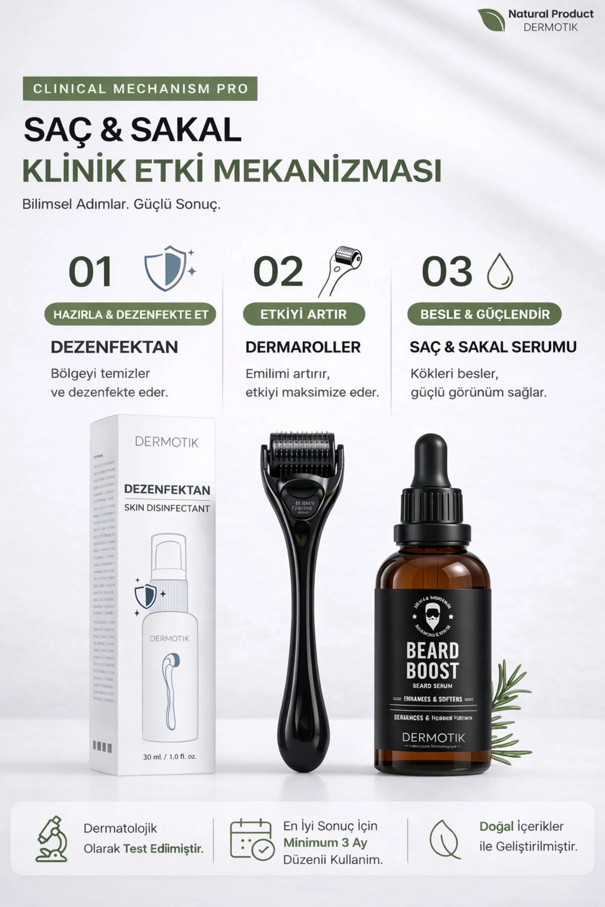Seyrek Saç Sakal Serumu Ve 540 İğneli Dermaroller 1 mm Dezenfektan Seti